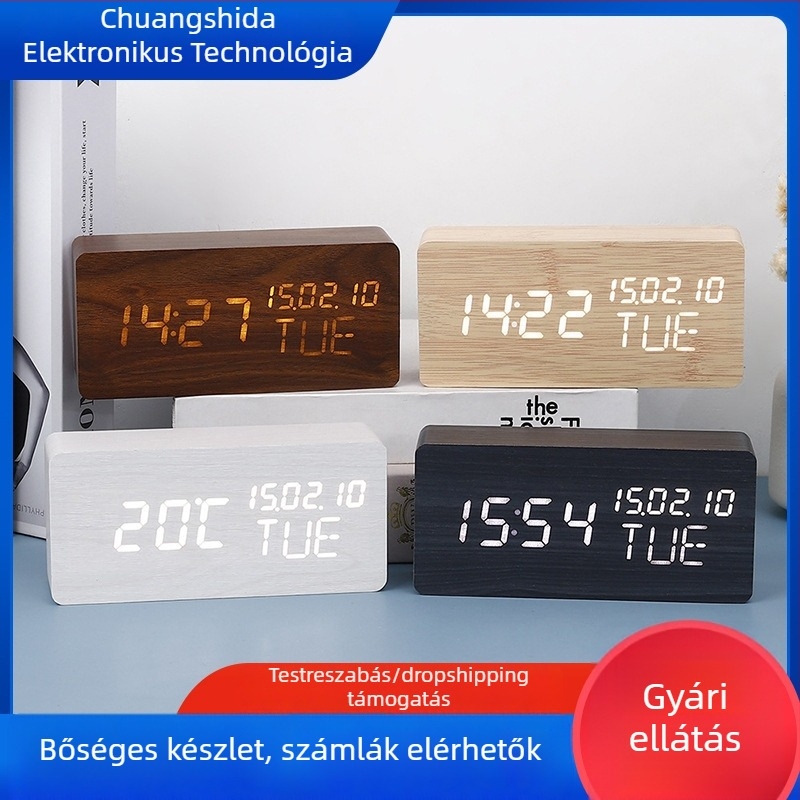 Ébresztőóra LED numerikus kijelzővel, fa tokozású, világító, hőmérő és örökös naptár