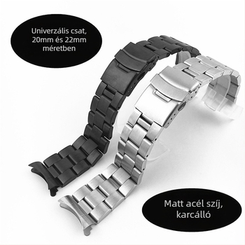 Ívelt végű rozsdamentes acél búváróra szíj, erős biztonsági csattal, szélesség 18–24 mm