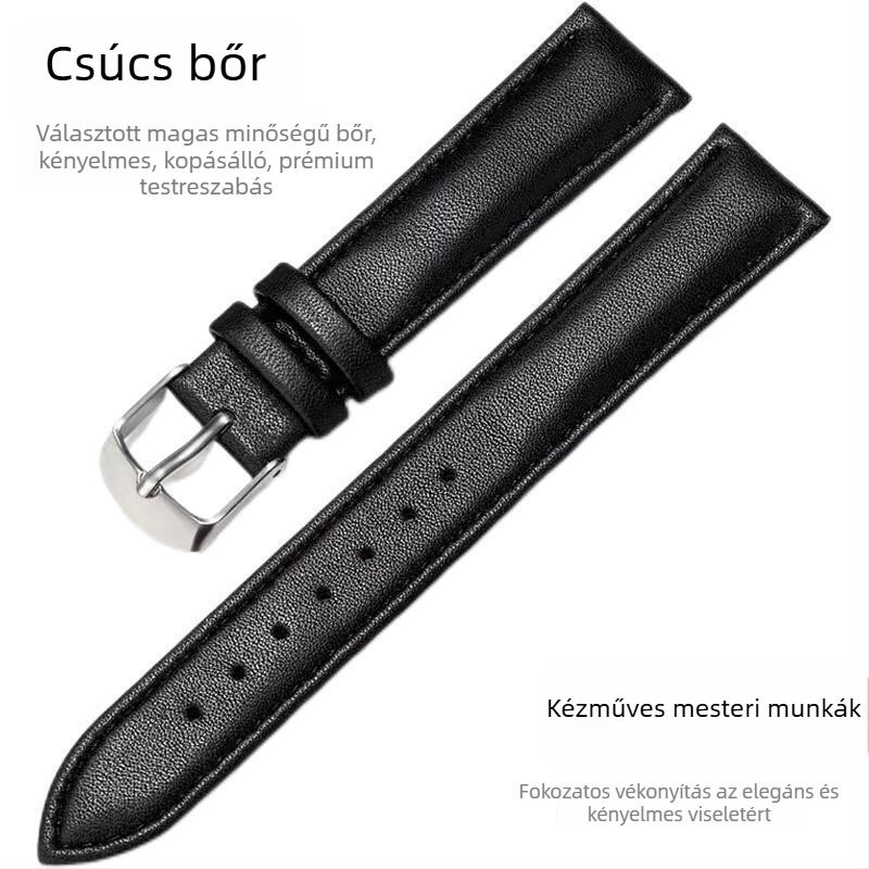 Uniszex karóraszíj valódi bőrből, tűcsatos csattal, vízálló marhabőrből, síkszövésű textúrával, fa dobozban lévő készlet — Nyár 2021