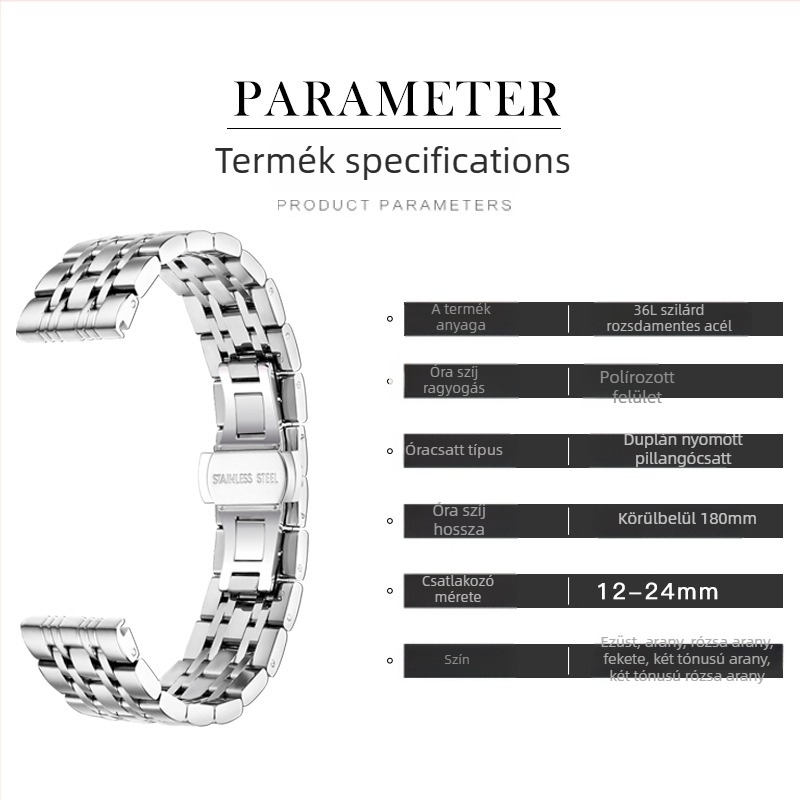 Rozsdamentes acél óraszíj pillangócsattal, hét gyöngyös dizájn, Baida Bentley, 2024 tél