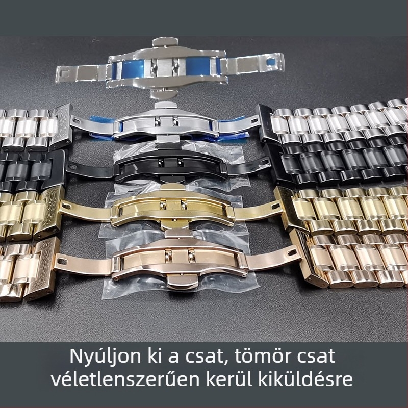 Rozsdamentes acélból készült óraszíj pillangó csattal, öt gyöngyös kialakítás, sík fejű, ívelt dizájn, Taryn márka, üzleti/egységes stílus