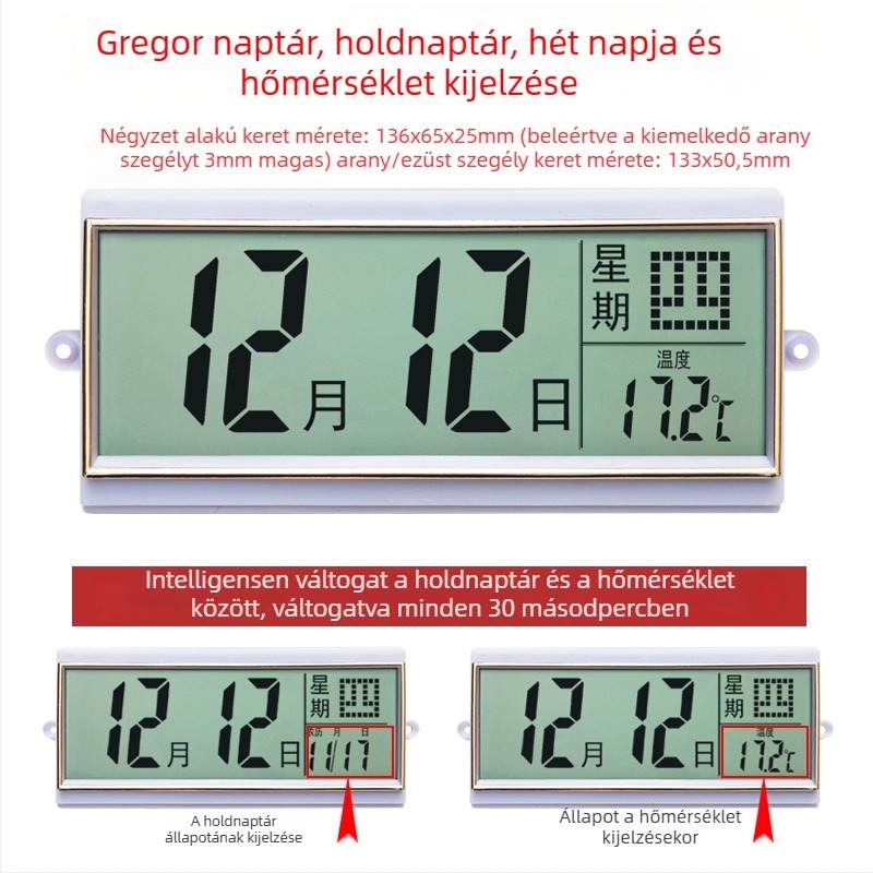 Dekorációs falióra örök naptárral, LCD kijelző, hőmérséklet kijelzés, ABS tok, elektronikus működés, modern minimalist stílus