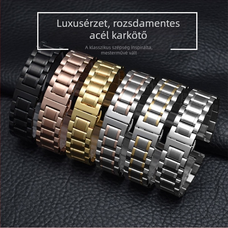 Unisex rozsdamentes acél óraszíj pillangócsattal, kompatibil népszerű márkás órákkal