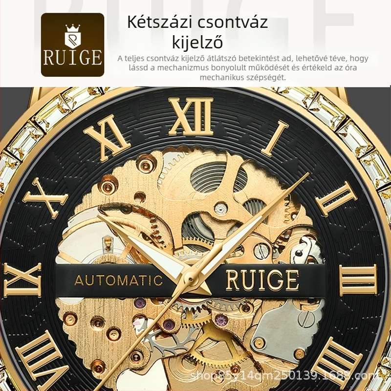 Reigo A2-3 Luxus Skeleton automata mechanikus férfi karóra, rozsdamentes acél tok és szíj, analóg kijelző, 30M vízállóság