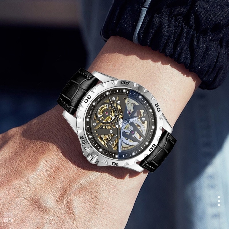Junyu Férfi Skeleton Tourbillon Automata Óra, 10m Vízálló, Fém Tok, Műbőr Szíj