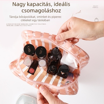 Kozmetikai táska utazáshoz, vízálló, ultra könnyű, nagy kapacitású, csíkos PVC belsővel, antibakteriális