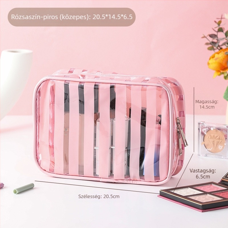 Kozmetikai táska utazáshoz, vízálló, ultra könnyű, nagy kapacitású, csíkos PVC belsővel, antibakteriális