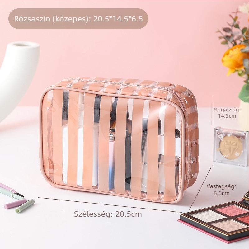 Kozmetikai táska utazáshoz, vízálló, ultra könnyű, nagy kapacitású, csíkos PVC belsővel, antibakteriális