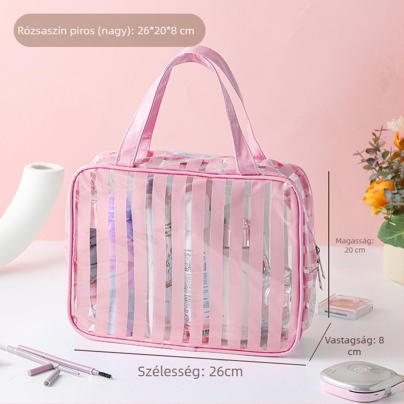 Kozmetikai táska utazáshoz, vízálló, ultra könnyű, nagy kapacitású, csíkos PVC belsővel, antibakteriális