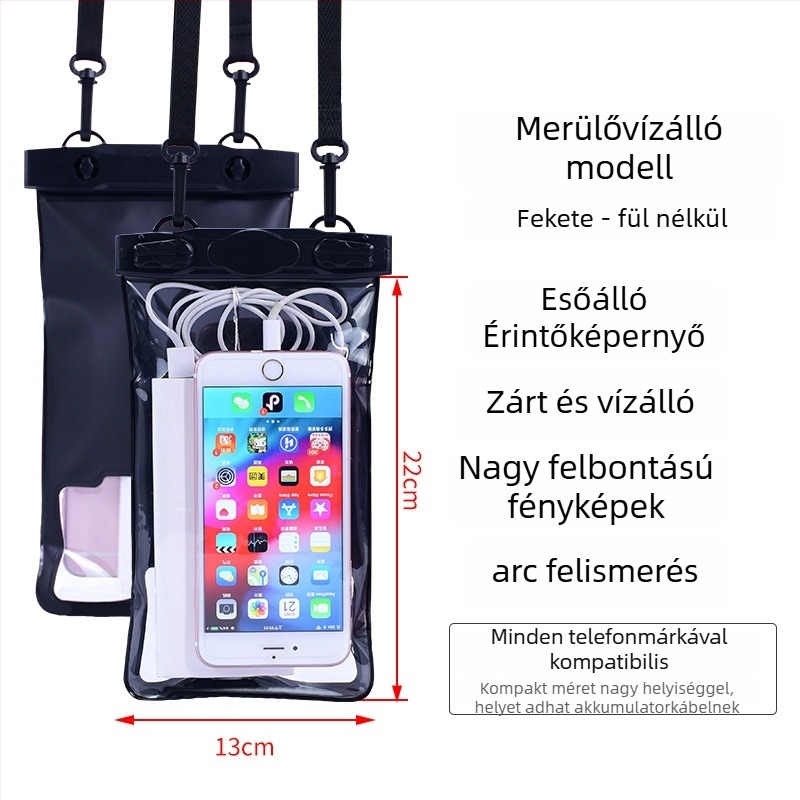 Vízálló telefonos táska érintőképernyővel, átlátszó PVC tok, két telefon fér el úszáshoz és merüléshez