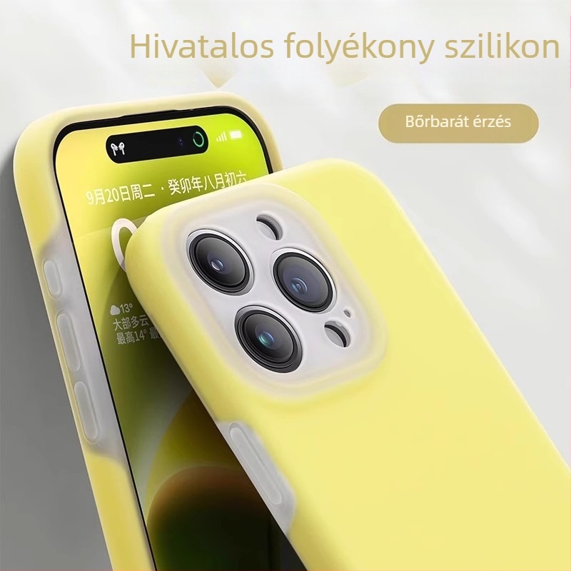 Lágy folyékony szilikonból készült zselés tok iPhone-hoz – teljes védelem, pontos kivágások; színek: sárga, zöld, fekete.