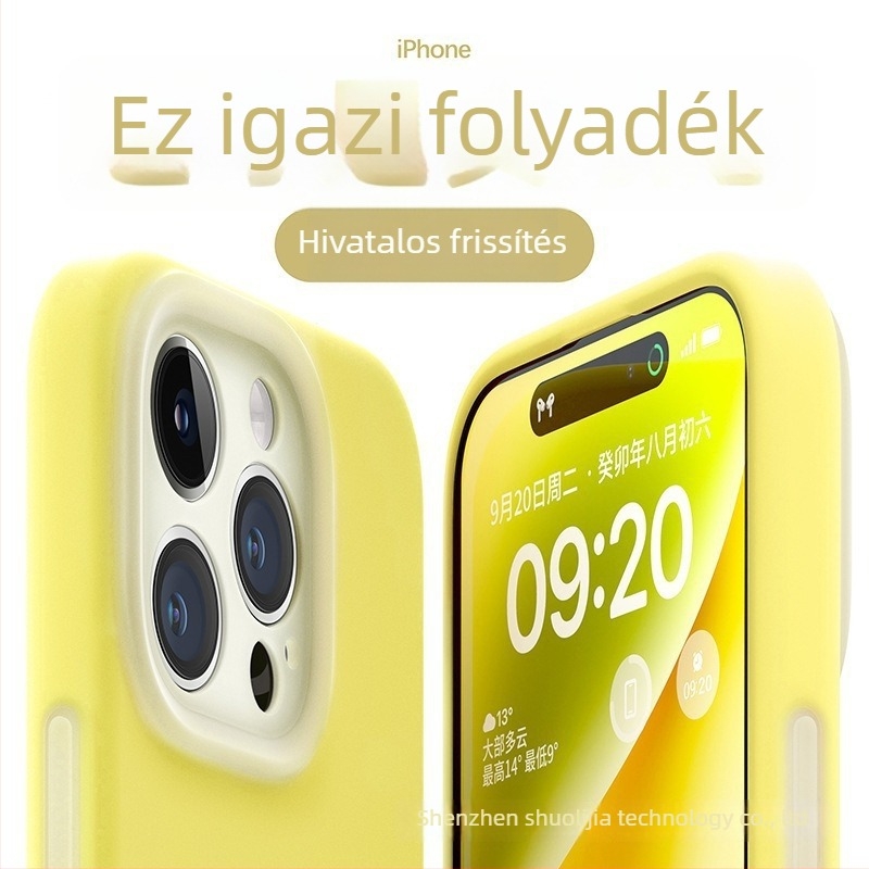 Lágy folyékony szilikonból készült zselés tok iPhone-hoz – teljes védelem, pontos kivágások; színek: sárga, zöld, fekete.
