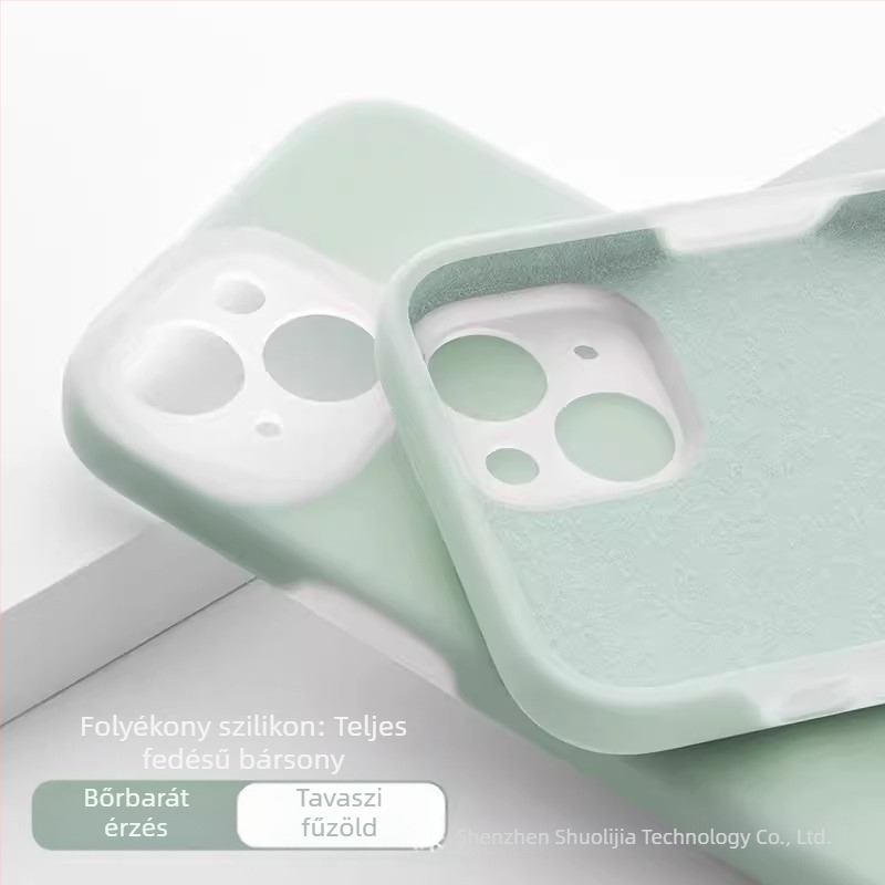 Lágy folyékony szilikonból készült zselés tok iPhone-hoz – teljes védelem, pontos kivágások; színek: sárga, zöld, fekete.