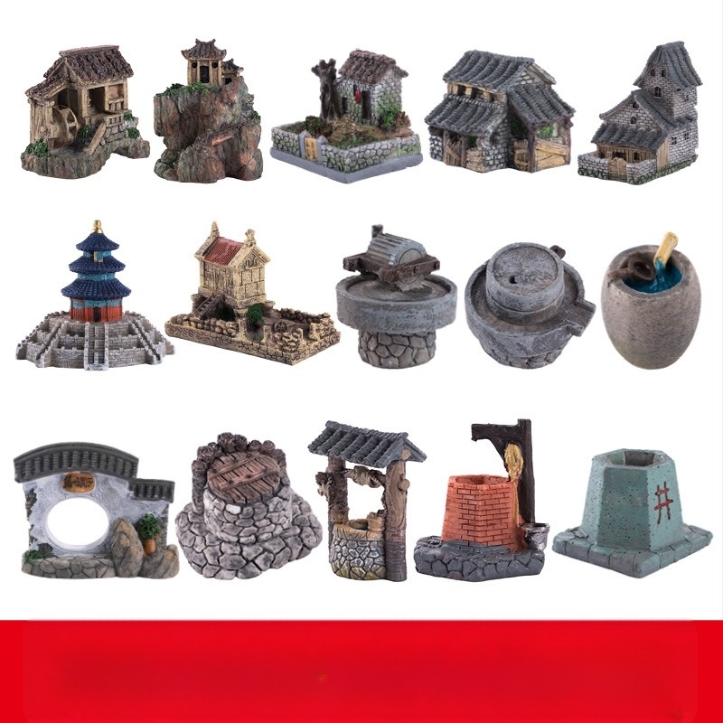 Gyanta mini tájkép bonsai dísz, ház motívumos dekoráció, modern minimalizmus
