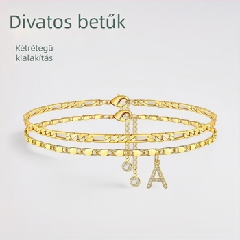 Két rétegű betűs bokalánc – női réz ékszer aranyozott mesterséges kövekkel, medállal