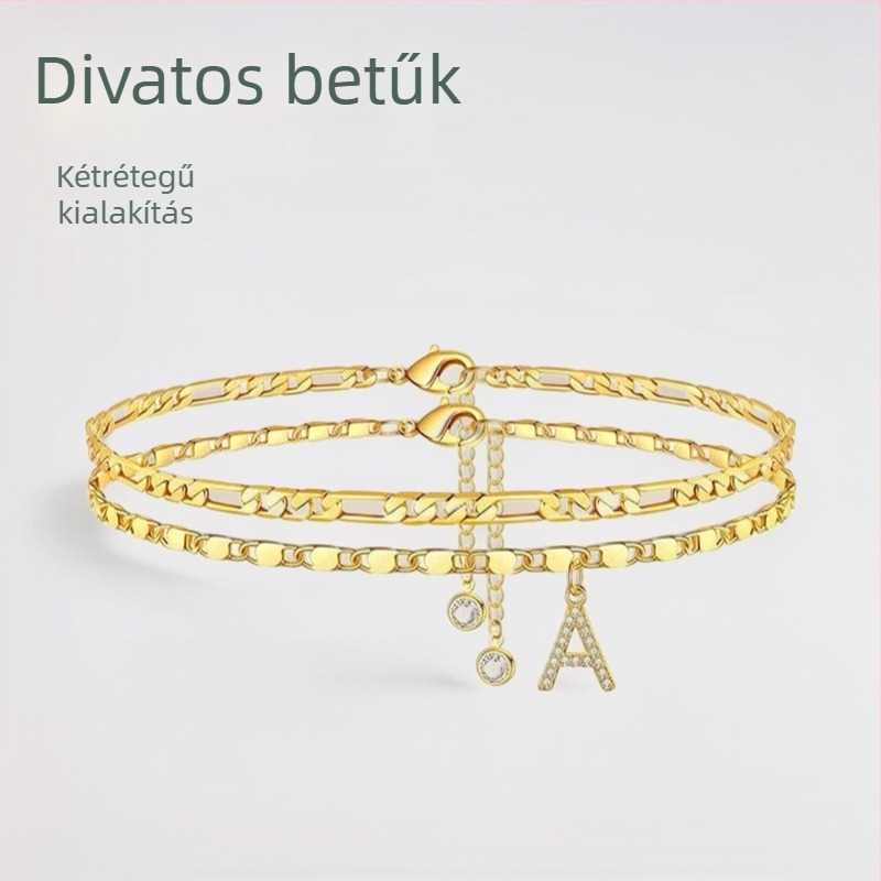 Két rétegű betűs bokalánc – női réz ékszer aranyozott mesterséges kövekkel, medállal