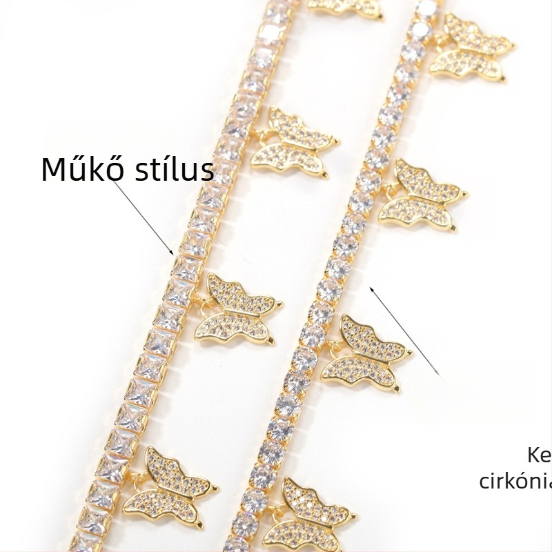 Bokalánc pillangó motívummal és cirkóniákkal, réz alapú, női stílus, aranyozott mesterséges kövek, kód NBT1480