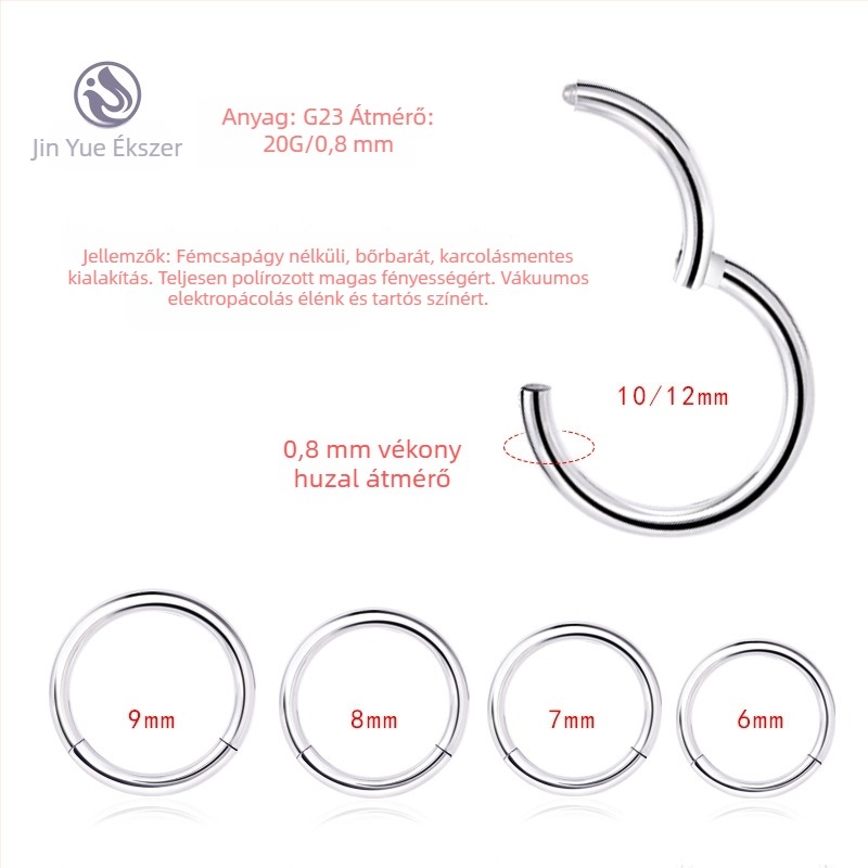 G23 titánötvözetes piercing — orr- és fül piercing gyűrű, kerek uniszex dizájn, vákuum-bevonat, multifunkcionális orr-szeptum gyűrű