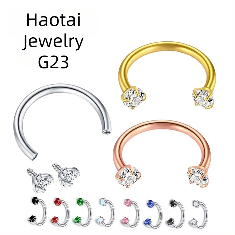 G23 Ti‑ötvözetű U‑alakú orrpiercing cirkónium köves, F136 orvosi minőség, 0,8 mm vastagság