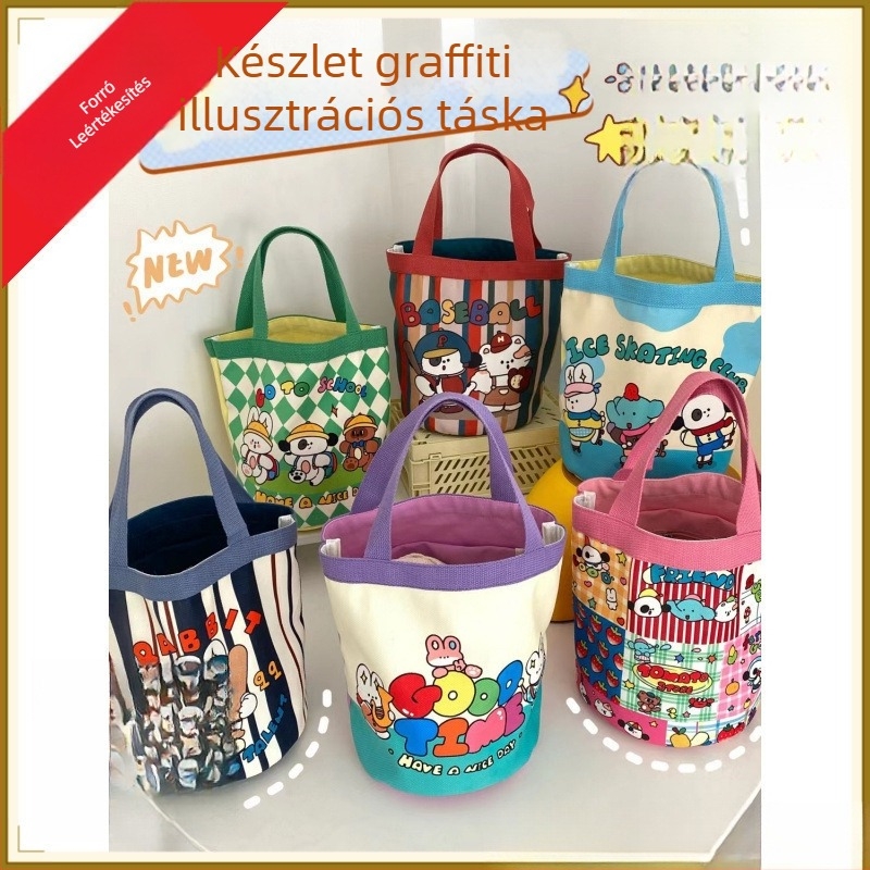 Jó minőségű vászon Bucket Tote táska aranyos graffiti illusztrációval, koreai stílus, dupla vállpánt, nyitott tetejű, szabadidős utazásokhoz