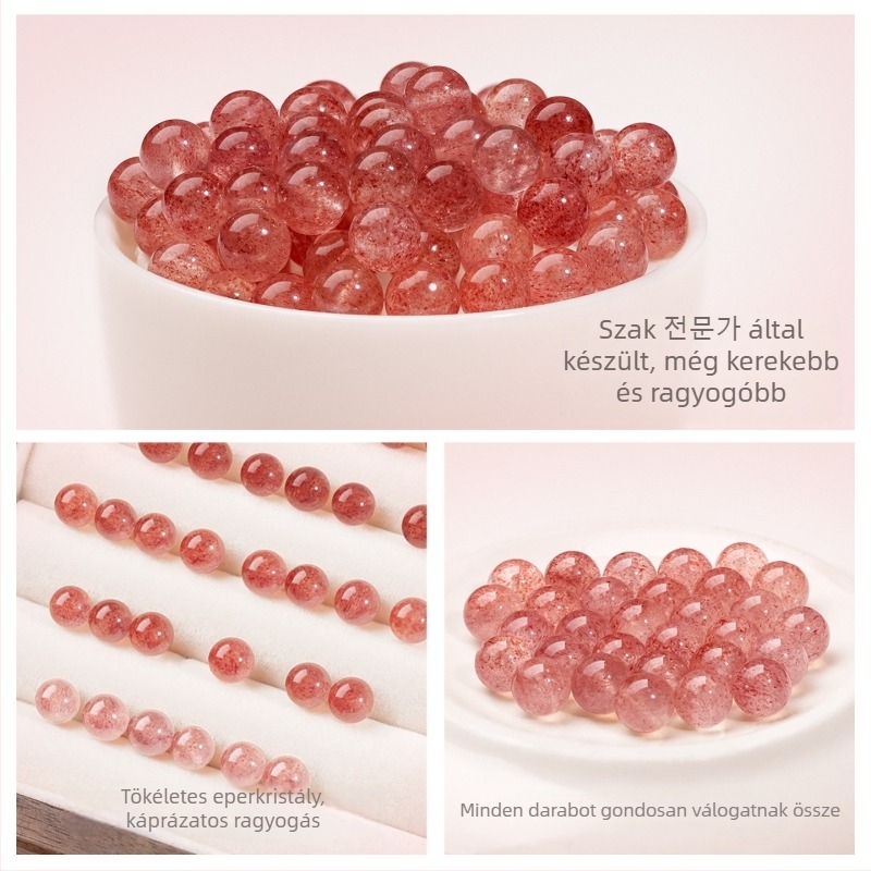 Kiegészítők: Strawberry kristály szétszórt gyöngyök, természetes kristály mintázat, lyukasztásos technológia, kör gyöngyök, könnyed luxus stílus