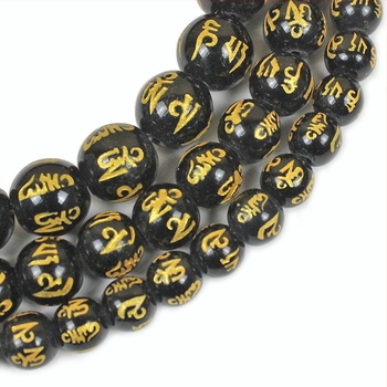 Fekete üveggyöngyök, amelyek imitálnak achátot, hatsoros mondással, DIY ékszerekhez, buddhista mala gyöngyök, aranyozott kör alakú félkész gyöngyök, 8 mm