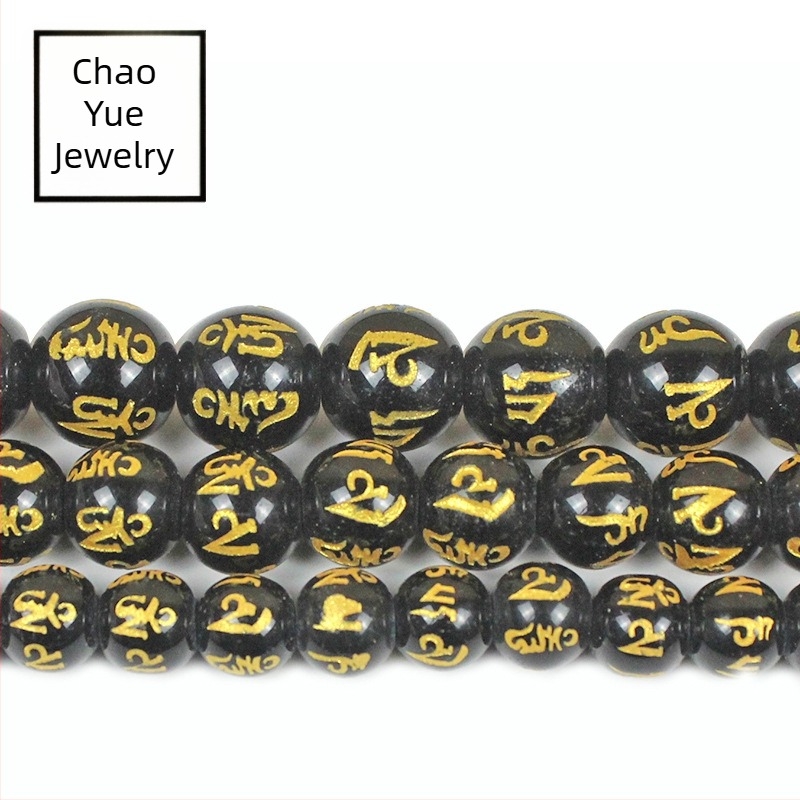 Fekete üveggyöngyök, amelyek imitálnak achátot, hatsoros mondással, DIY ékszerekhez, buddhista mala gyöngyök, aranyozott kör alakú félkész gyöngyök, 8 mm