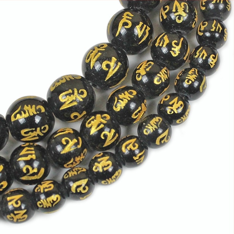 Fekete üveggyöngyök, amelyek imitálnak achátot, hatsoros mondással, DIY ékszerekhez, buddhista mala gyöngyök, aranyozott kör alakú félkész gyöngyök, 8 mm