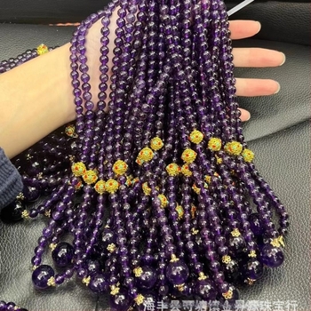 Ametiszt kristállyal nyaklánc, 12 mm gyöngyök, ezüst-aranyozott kiegészítők, könnyed luxus stílus