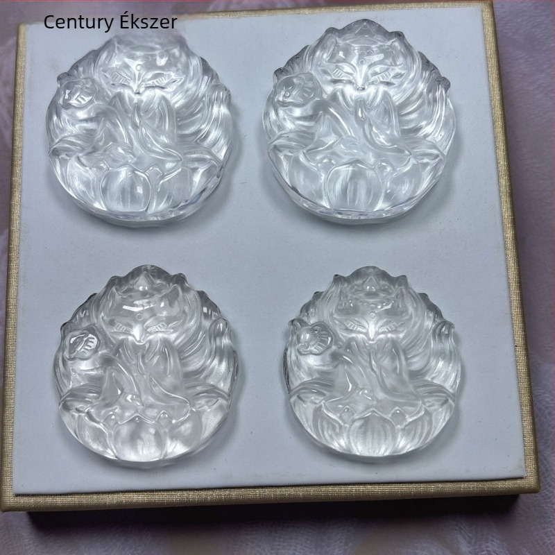 Nyaklánc róka-lótusz gravírozott medállal, fehér kristály, Century Jewelry