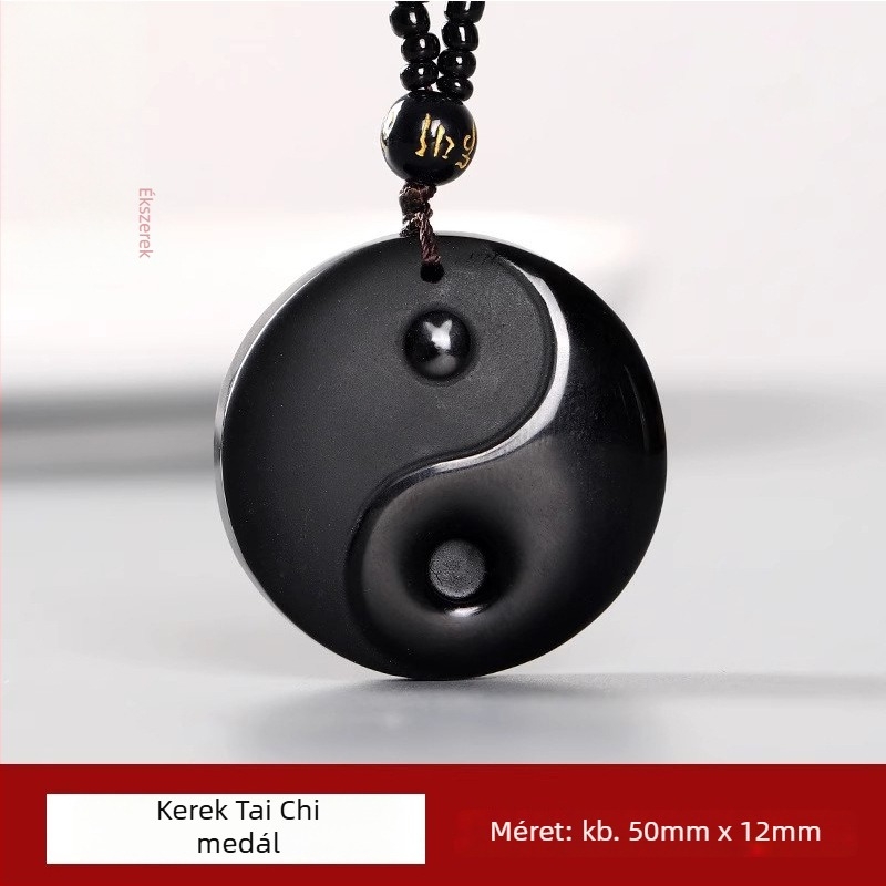 Obszidián nyaklánc Yin-Yang medállal, polírozott felület, antik-stílus, márka Super God Jewelry