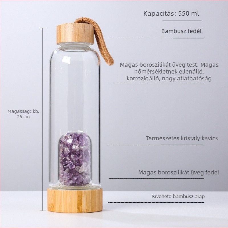 Energiás pohár természetes kristály kaviccsal boroszilikát üvegben, bambusz fedéllel és kötélen