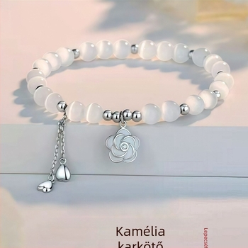S925 Sterling ezüst női karkötő Camellia alakú macskaszemével, kristálygyöngyökkel, könnyed luxus nyaklánccal a kulcscsont köré