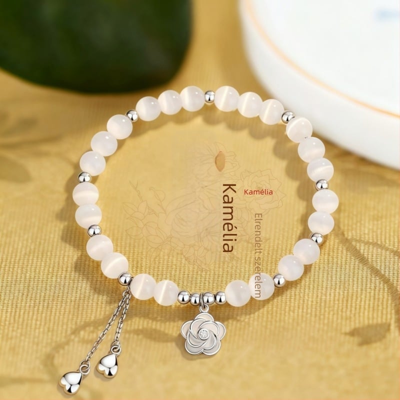S925 Sterling ezüst női karkötő Camellia alakú macskaszemével, kristálygyöngyökkel, könnyed luxus nyaklánccal a kulcscsont köré
