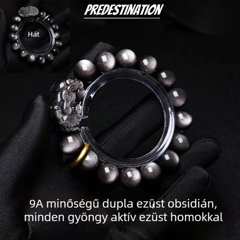 Természetes ezüst obsidián Pixiu bőrszíjas karkötő, homok-arany tónusú, uniszex, egyláncú karkötő, diszkrét luxus