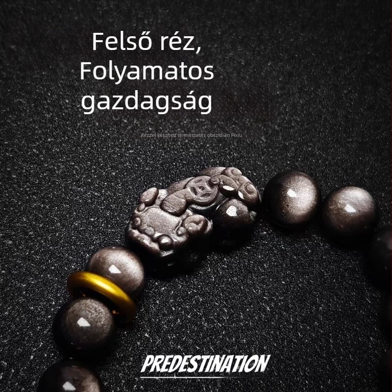 Természetes ezüst obsidián Pixiu bőrszíjas karkötő, homok-arany tónusú, uniszex, egyláncú karkötő, diszkrét luxus