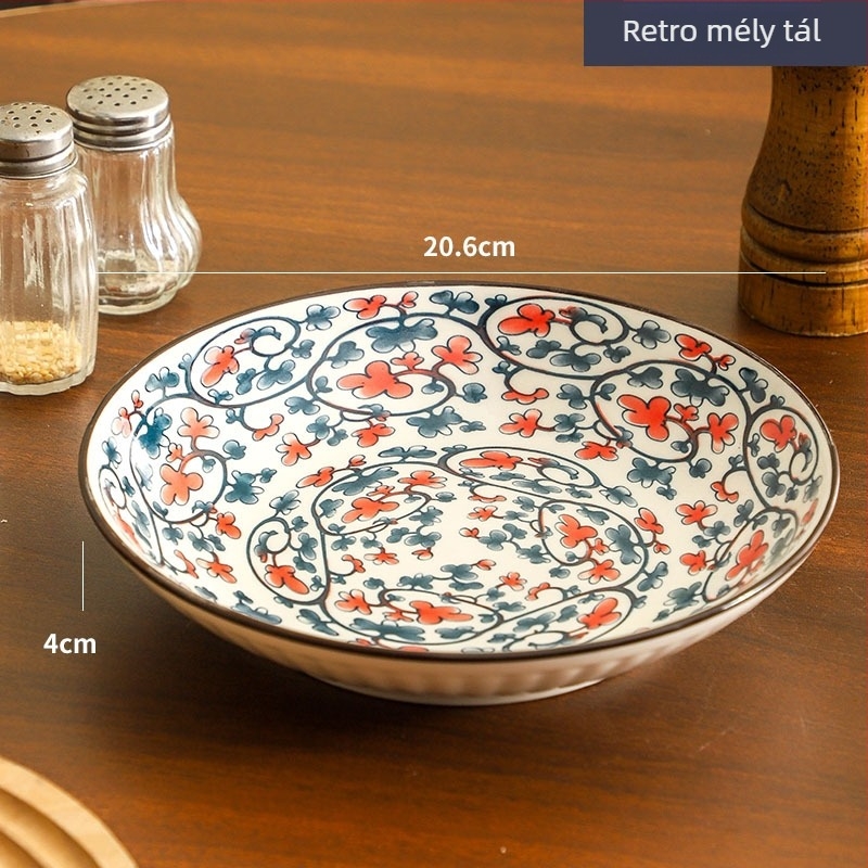 Porcelán tányér növény- és virágmintával, alglazúros színű felület, retro stílus könnyed luxussal, mikrohullámú sütőben használható