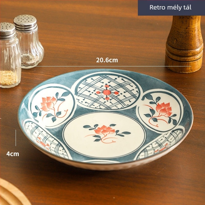 Porcelán tányér növény- és virágmintával, alglazúros színű felület, retro stílus könnyed luxussal, mikrohullámú sütőben használható