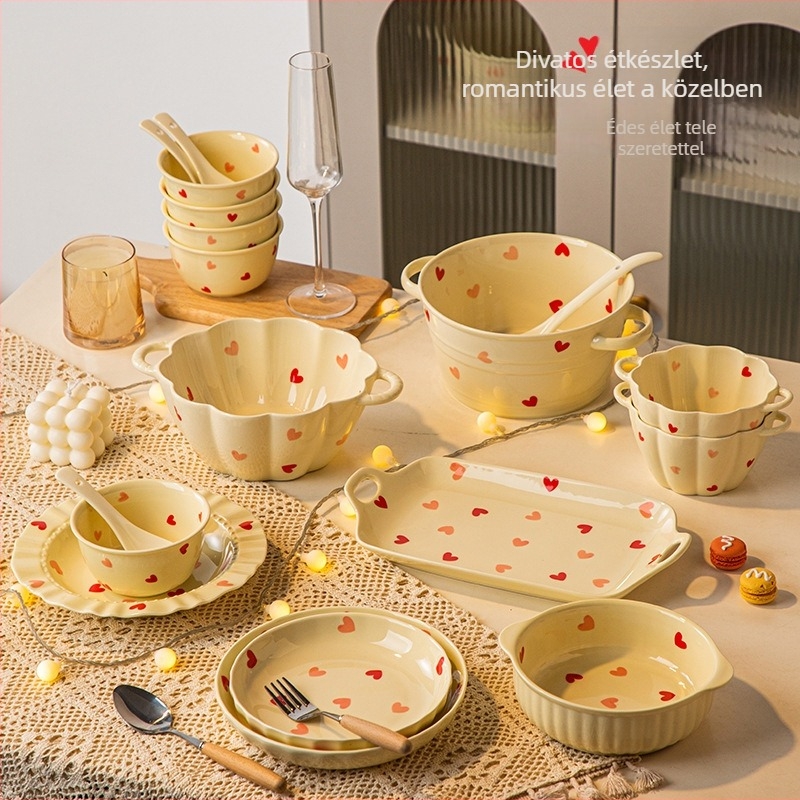 Porcelán tálakészlet Love mintával, aláglazúros szín, szabálytalan alak, mikrohullámú sütőben használható, modern minimalista stílus
