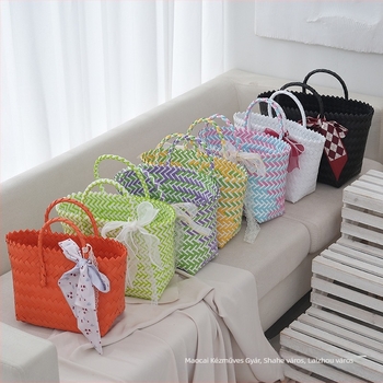 DIY PU szövött táska, kézzel készített, közepes méretű, függőleges négyzet alakú, nyitott zsebbel a dokumentumok számára