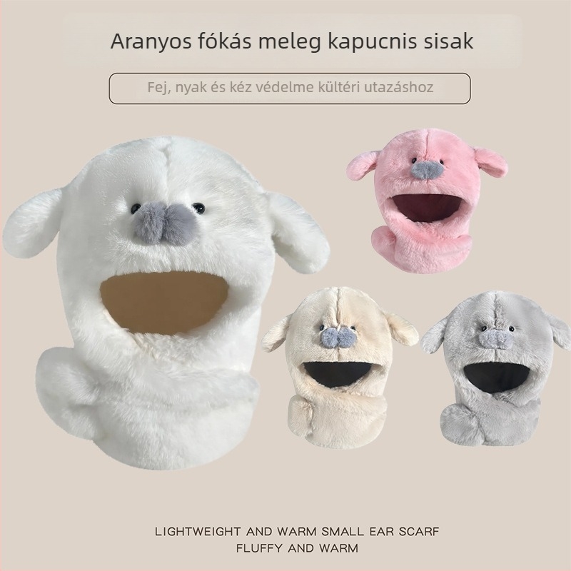 Téli kettő az egyben sapka fülmelegítőkkel és beépített nyakmelegítővel, plüss anyag, kupola stílus