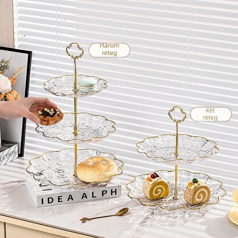 Műanyag gyümölcstál aranyszegéllyel, vízhullám mintázat, nordic-európai stílus