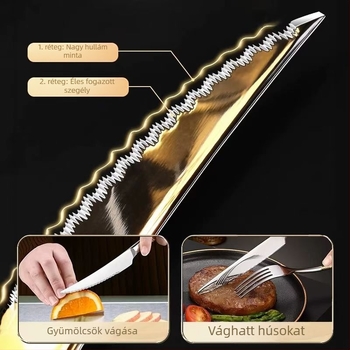 Bélszínhez való evőeszköz-készlet: kés, villa, kanál – 410 rozsdamentes acél, kézzel készített, modern letisztult stílus