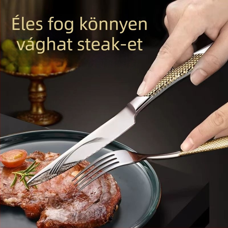 Bélszínhez való evőeszköz-készlet: kés, villa, kanál – 410 rozsdamentes acél, kézzel készített, modern letisztult stílus