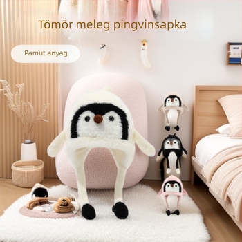 Pamut kapucnis sapka kupolformájú, rajzfilm pingvin mintával, melegen tart és szélálló, fülvédő, 1–6 éveseknek, téli szezon