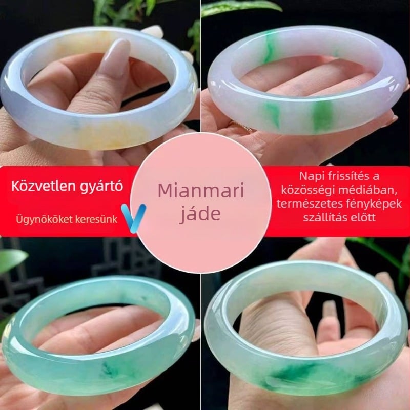 Jadeit karkötő úszó virágok mintával, jéghideg típusú jadeit, teljes kör, etnikus női stílus, fényes felület