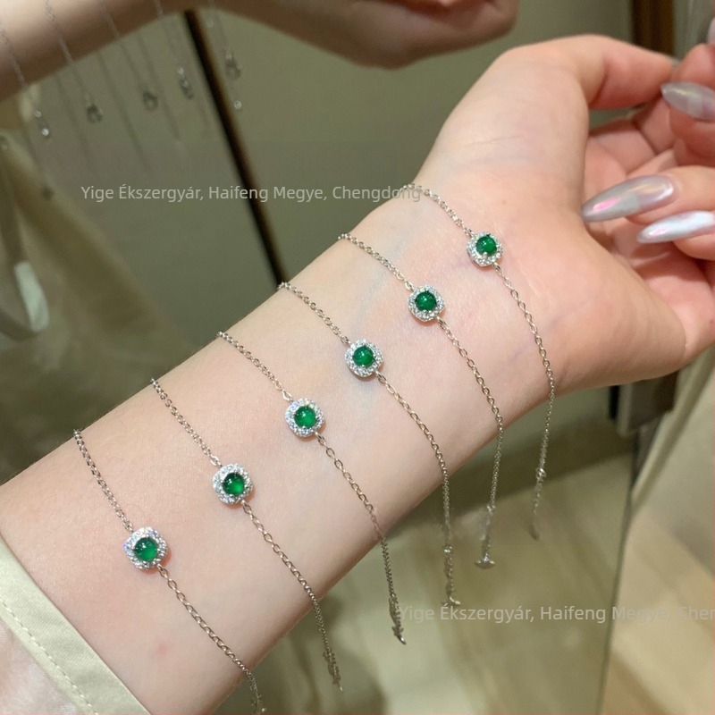 925-ös ezüst karkötő zöld jade kockavágású inlay, friss női stílus