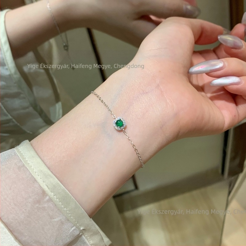 925-ös ezüst karkötő zöld jade kockavágású inlay, friss női stílus