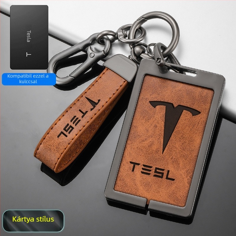 Tesla Model 3 kulcskártya tok - cink ötvözet + bőr, egyszerű stílus, testreszabható
