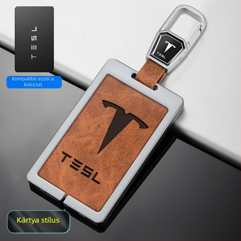 Tesla Model 3 kulcskártya tok - cink ötvözet + bőr, egyszerű stílus, testreszabható